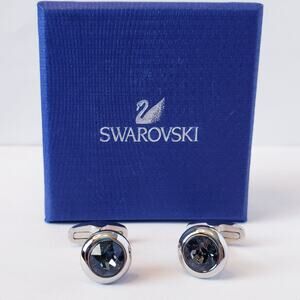 Swarovski Blue Crystal Silver Tone Round Cufflinks w/ Gift Box